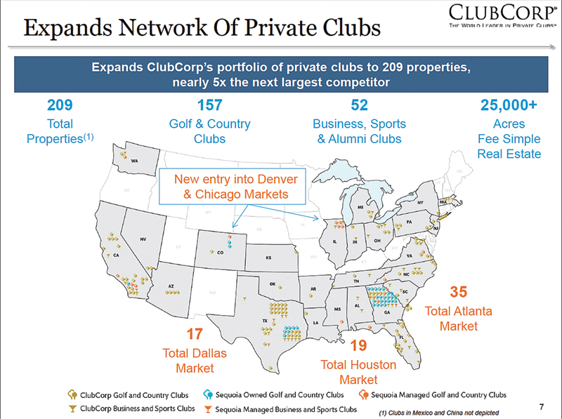 After its acquisition of Sequoia Golf, the ClubCorp portfolio reflected increased density in the Atlanta and Houston markets and new entries into the Chicago and Denver markets.
