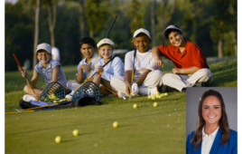 Young golfers smile on green with yellow golf balls